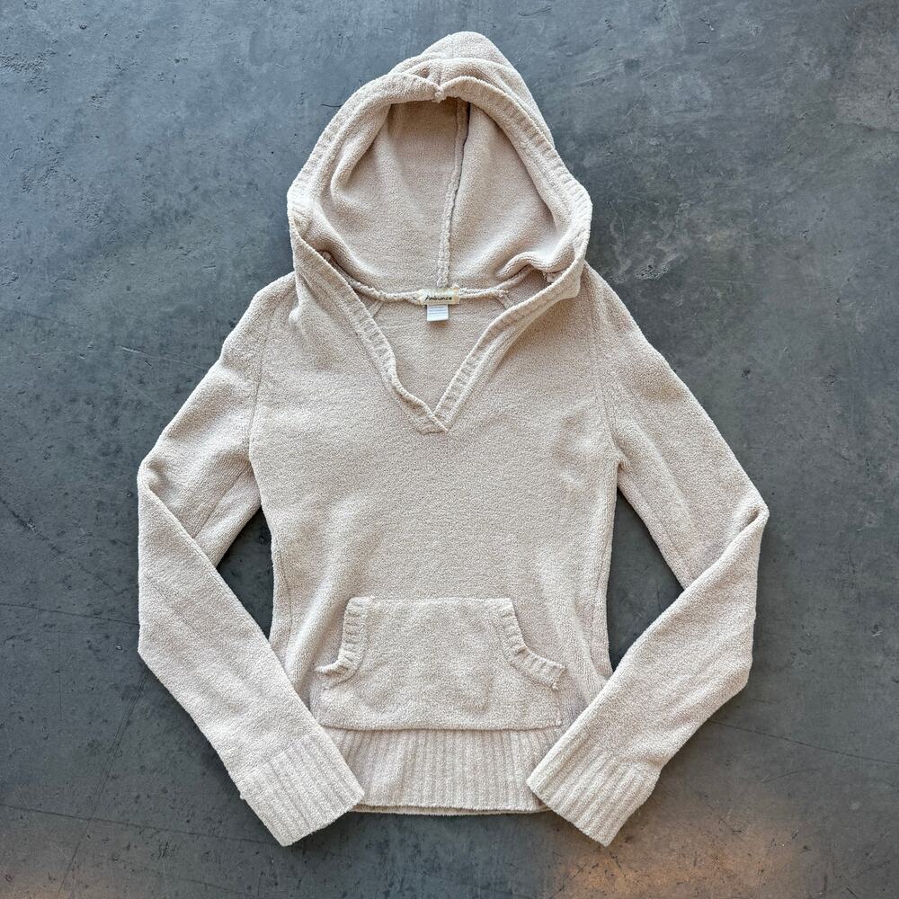 Vintage Y2k Soft Essential Beige Hoodie V Neck Kangroo Pullover Sweater Large